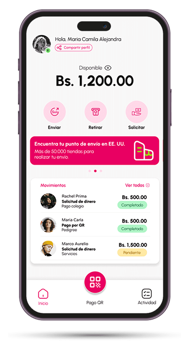 App de Zensy mostrando el saldo y las transferencias recientes