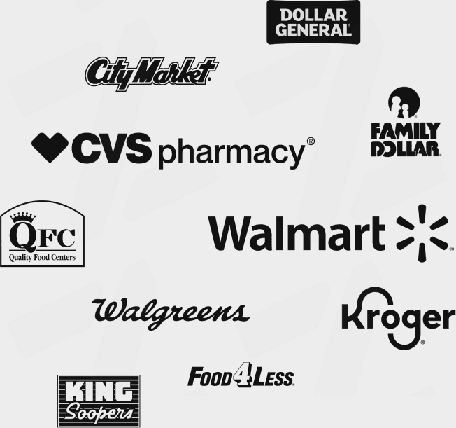 Logos de cadenas reconocidas como CVS, Walmart, Walgreens y Family Dollar